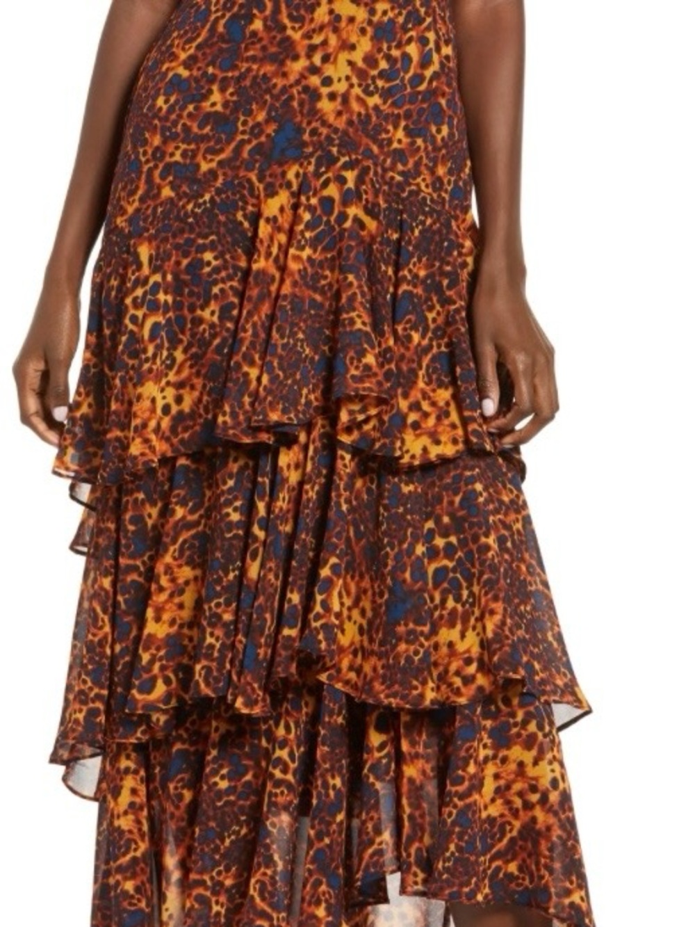 Wayf Tiered Ruffle Maxi dress in Brown & Orange Animal Print